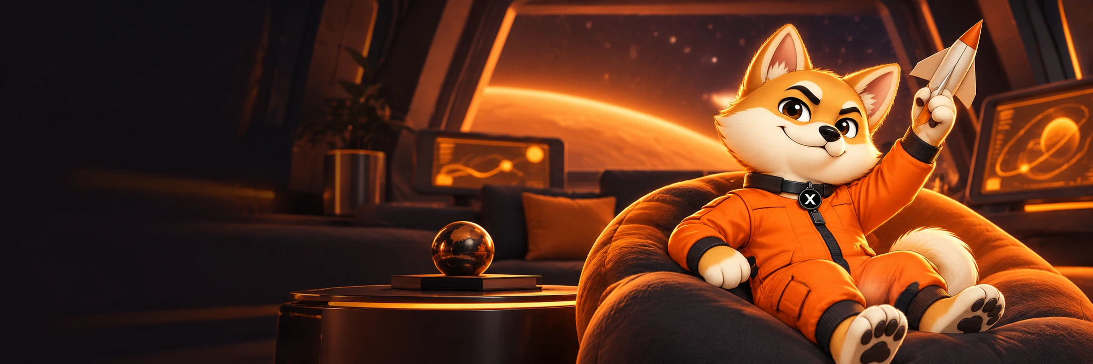 X relaxing in an orange flight suit with a paper rocket in mission control